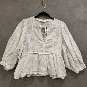 American Eagle Peasant Blouse Women's Size Medium Cotton Neck‎ Tie Puff Sleeves